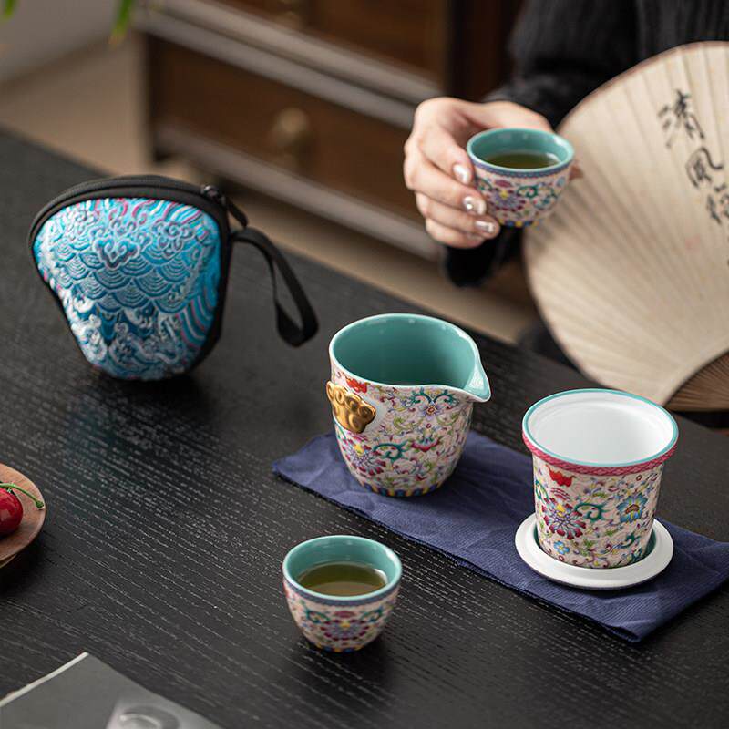 珐琅彩便携式旅行茶具小套装随身户外陶瓷快客杯一壶二杯子泡茶壶