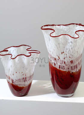 中古风不规则花瓣口琉璃花瓶重工琥珀橘渐变褶皱大口径花软装摆件