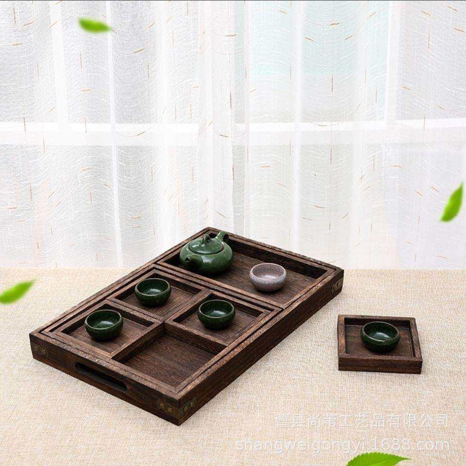 中式茶具木托盘复古茶盘套装桐木烧色围炉煮茶的茶盘分格实木果盘