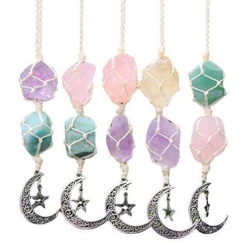 2025天然紫水晶粉晶 手敲原石挂件 星月挂坠 手工彩色编织汽车挂