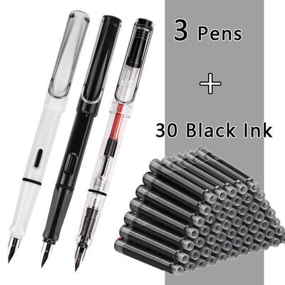Student Kawaii Fountain Pen Replacable Ink Set Black/Blue/Re