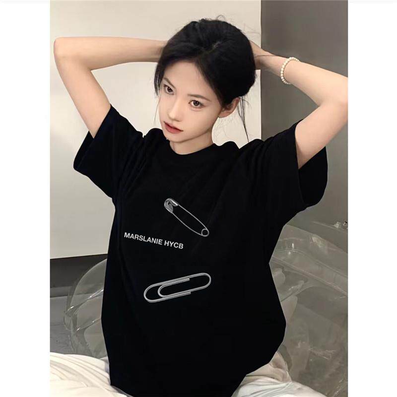纯棉美式韩系慵懒chic短袖t恤女夏季黑色正肩宽松小众设计感上衣