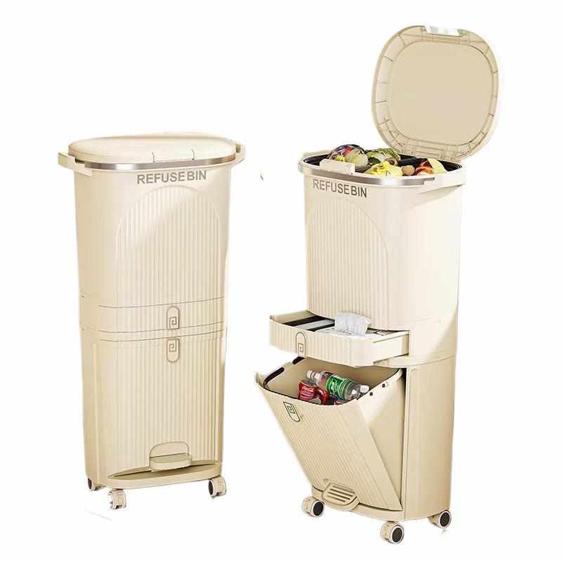 厨房垃圾桶免弯腰家用多层带盖干湿分离桶大容量带轮二合一置物架