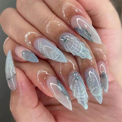 24pcs Blue Sea Shells Fake Nail Patch 3D Ocean Series Design
