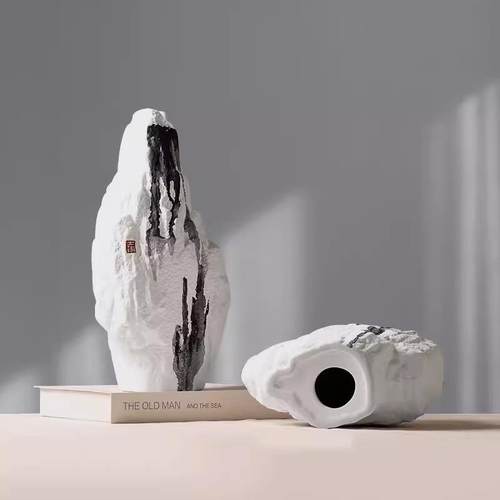 创意手绘水墨图案假山陶瓷装饰摆件新中式民宿茶室书房玄关摆设