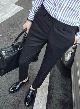 春秋款九分裤男修身小脚韩版潮流商务正装男士休闲西裤黑色长裤子