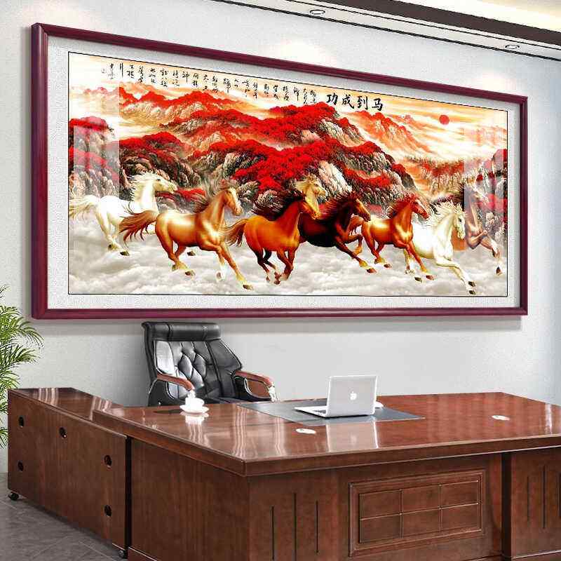 马到成功老板办公室挂画八骏图国画新中式山水字画客厅沙发墙装饰