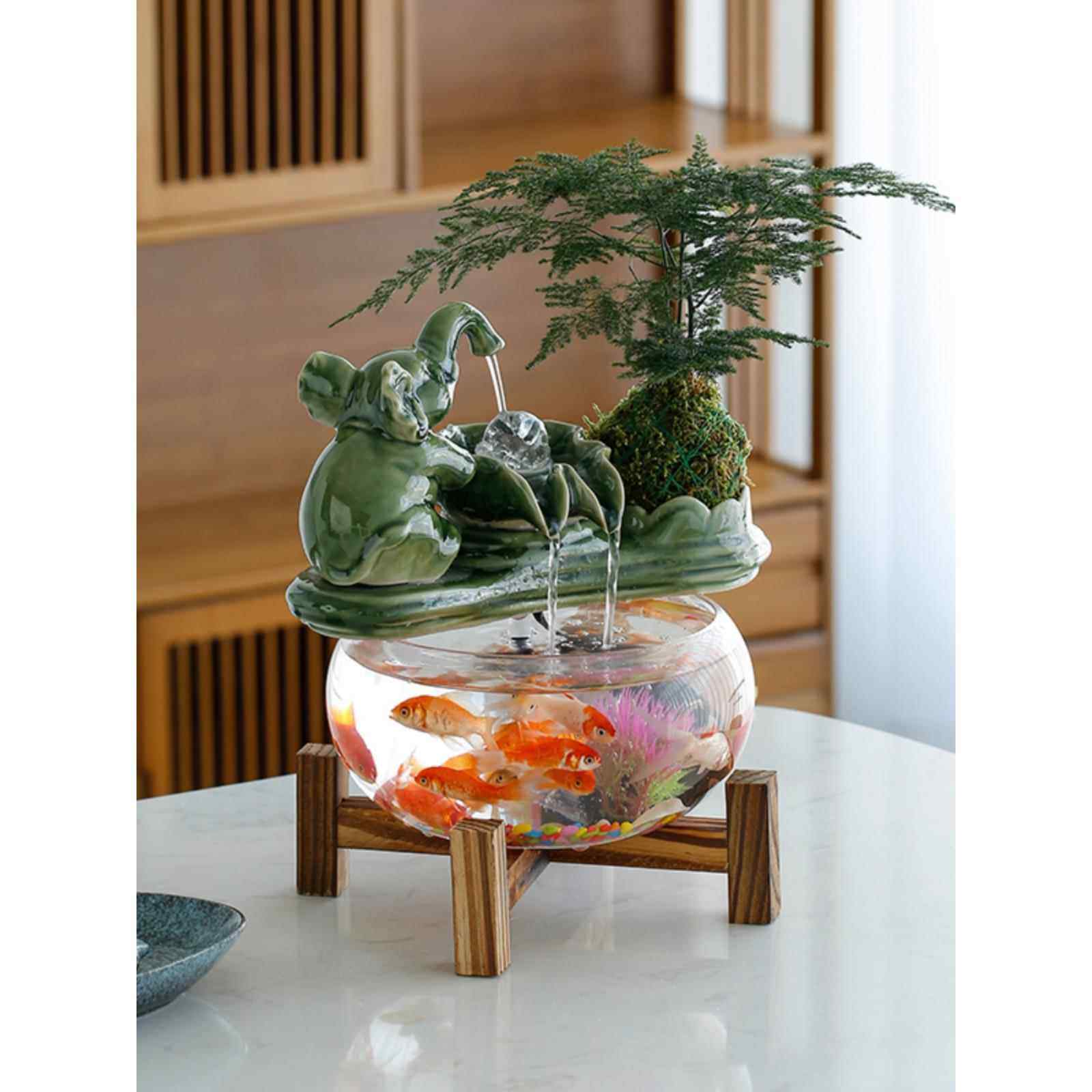 新中式陶瓷流水摆件 天青小象鱼缸水循环 办公室前台装饰品 招财