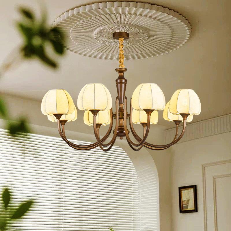 法式中古客厅吊灯美式复古卧室主灯创意南洋风花纹布艺实木餐厅灯