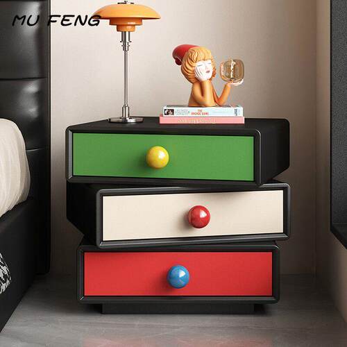 睦风多巴胺实木床头柜卧室旋转储物边柜可爱儿童风女孩收纳三斗柜