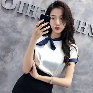 女白衬衫围巾领时尚洋气套裙修身新款夏装春秋款酒店前台女工作服