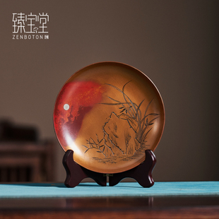 臻宝堂铜壶承纯手工錾刻兰竹双清干泡小茶盘单层壶垫托茶具配件