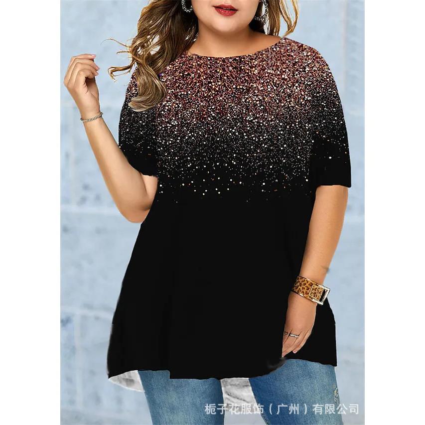 Womens large size T-shirt round neck loose gradient