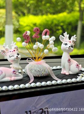 汽摆件浪漫植车绒珍玫瑰镶钻小鹿车载中控珠台女SLD花神摆件装饰