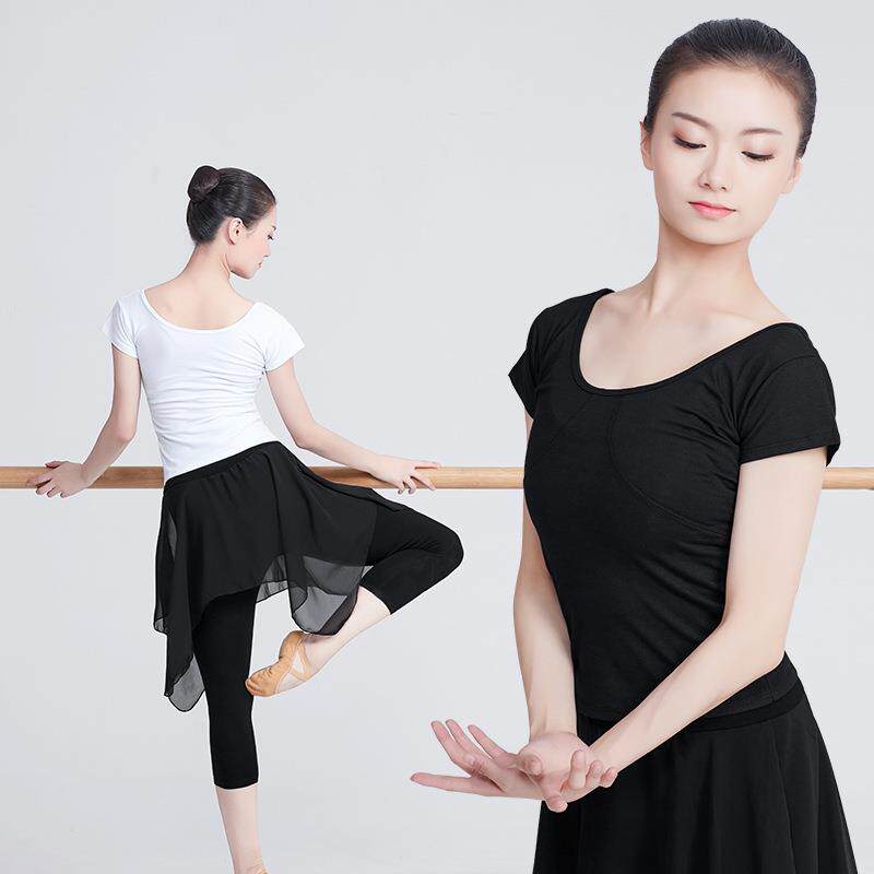 舞蹈服成人练功服女短袖瑜伽服健身服显瘦白色舞蹈广场舞形体上衣