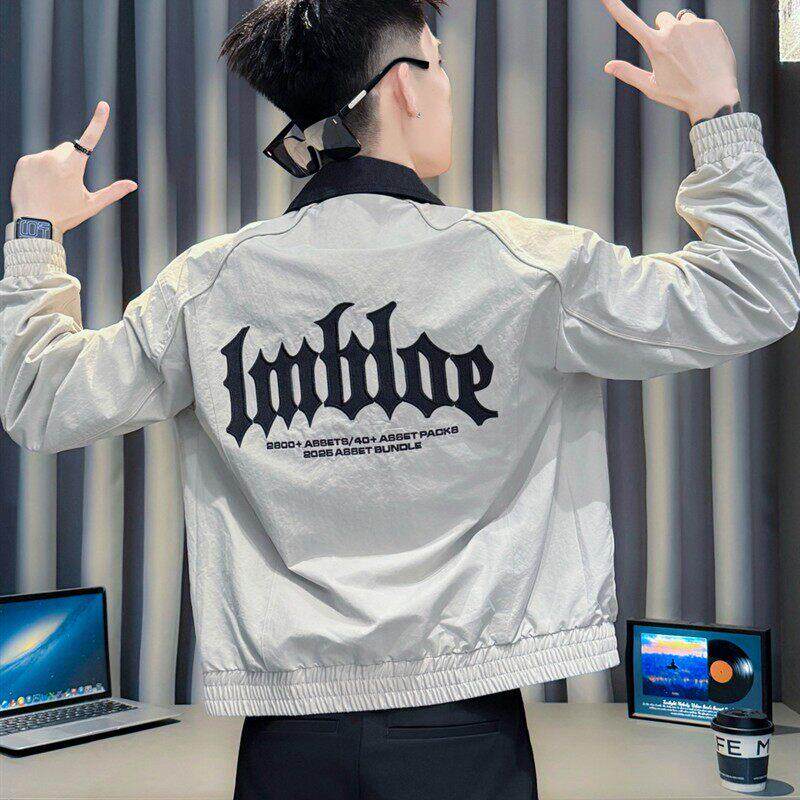 撞色领男士刺绣外套韩版潮流男装上衣2025新款春秋季休闲短款夹克