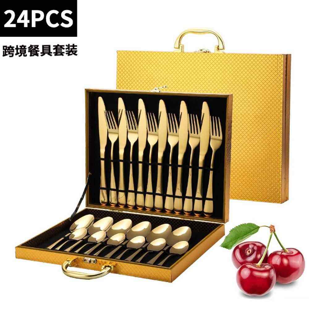 亚马逊爆款产品不锈钢餐具24件套装1010四主件刀叉勺跨境木盒套装