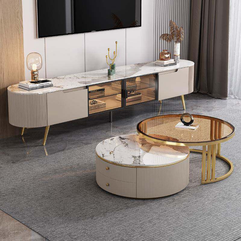 轻奢岩板茶几圆形钢化玻璃现代简约客厅小户型茶几电视柜组合套装