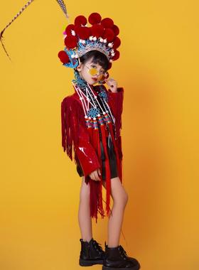 高档女孩红色中式国室风特模特t童车模t台卧虎藏龙表台演服装工作