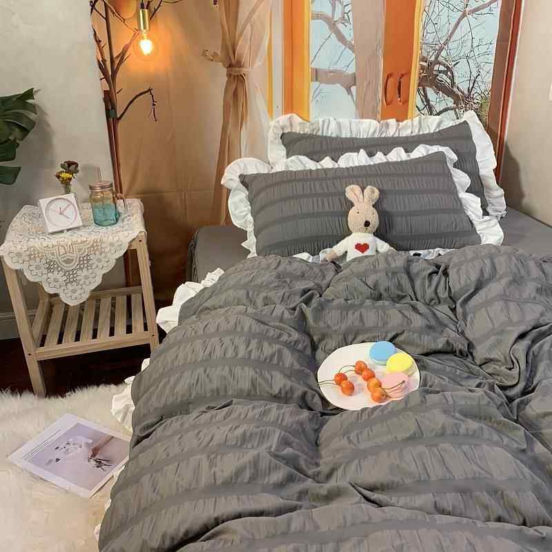 高档温柔浅色紫纯isn风超泡泡花边被套四仙件套 韩国少女心宿舍三