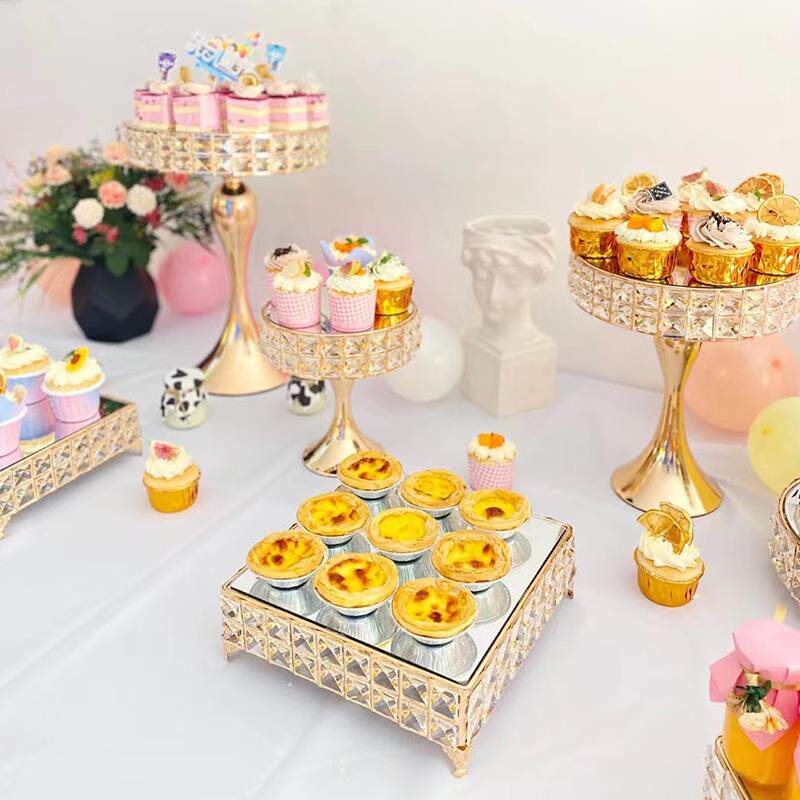 欧式甜品台展示架摆件蛋糕点心圆形水晶托盘摆台金属铁艺甜品架子