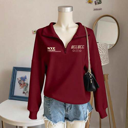 Women'S Hooded Half-Zip Casual Round Neck Sport Top Full