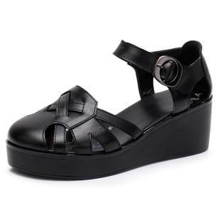 韩版 正品 松糕厚底妈妈包头凉女鞋 舒夏季 坡跟中跟适真皮罗 2052新款