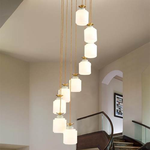 新中式楼梯558灯铜全旋中山吊别墅复式楼中楼中国风长吊灯具转楼