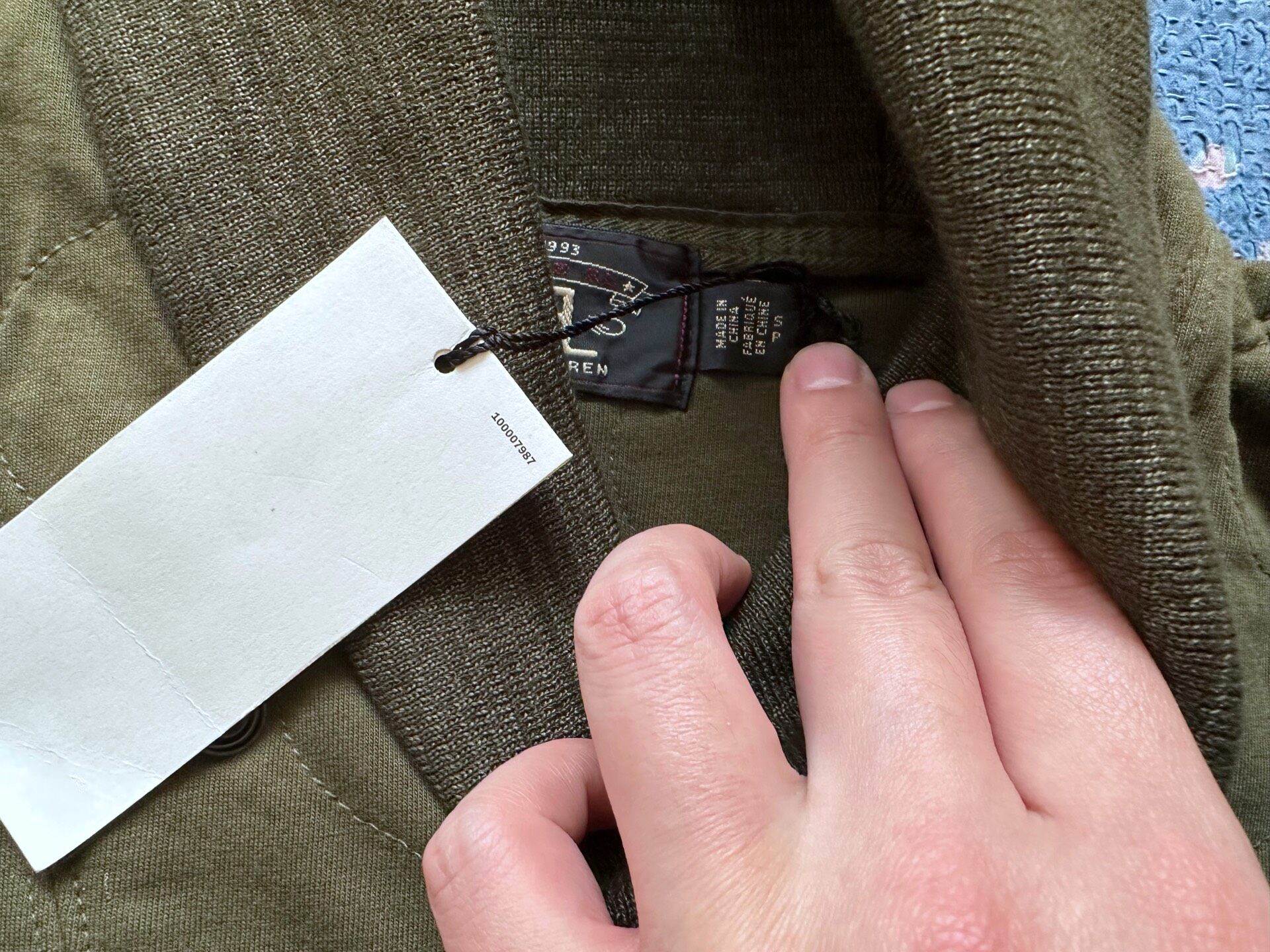 RRL Olive Green Shawl Collar Sweater — label
