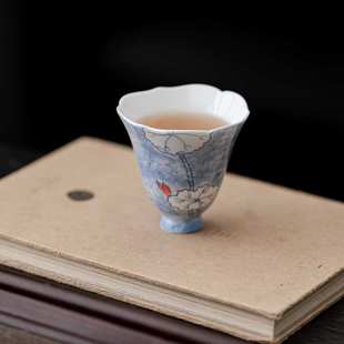 主人杯品茗杯功夫茶具喝茶杯子茶杯菱口杯 手绘荷叶花口闻香杯中式