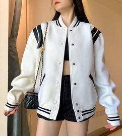 2024春夏美式棒球服90羊毛料黑白撞色拼皮设计外套