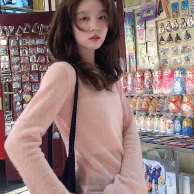 法式Rixo Kelly粉色喇叭袖马海毛针织衫女单穿慵懒松弛感软糯上衣
