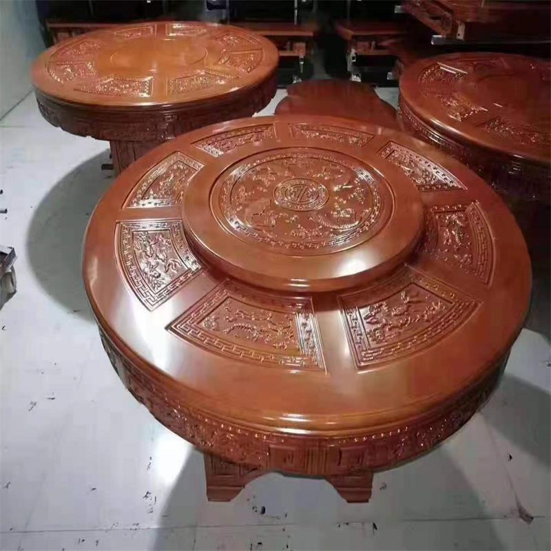 工厂风仿古雕刻实木圆餐桌带转盘配实木雕刻椅客厅仿古雕花餐桌椅