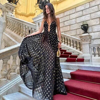 Polka Dot V-Neck Vacation Strapless Dress Summer Casual