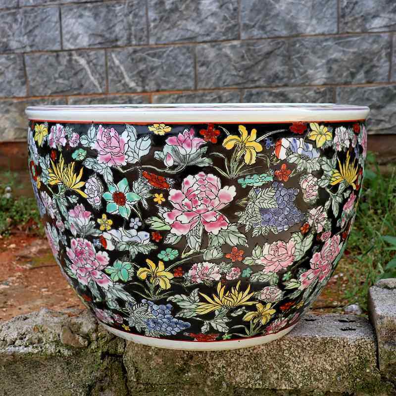 高档景德镇陶瓷鱼缸绘手粉彩金鱼乌龟风水睡莲缸缸花瓷器中国风荷