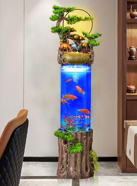 新中式流水生财喷泉摆件客厅电视柜旁圆柱形金鱼缸循环免换水落地