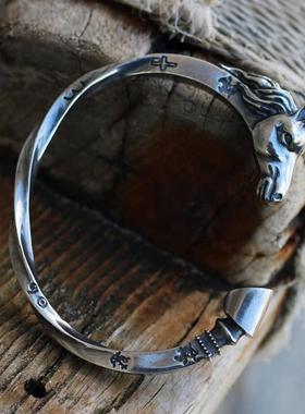 正品手工马镯款维战马镯s925纯银头形京士款开口银手镯泰银男覆古