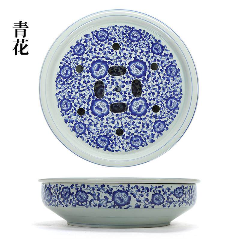 陶瓷茶盘中式复古青花瓷圆形蓄水式中号茶船茶海功夫茶具托盘家用