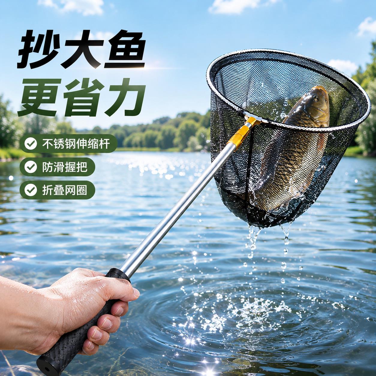 捞鱼专用网兜不锈钢抄网3米4米5米6米抄网竿钓鱼抄网鱼伸缩杆全套