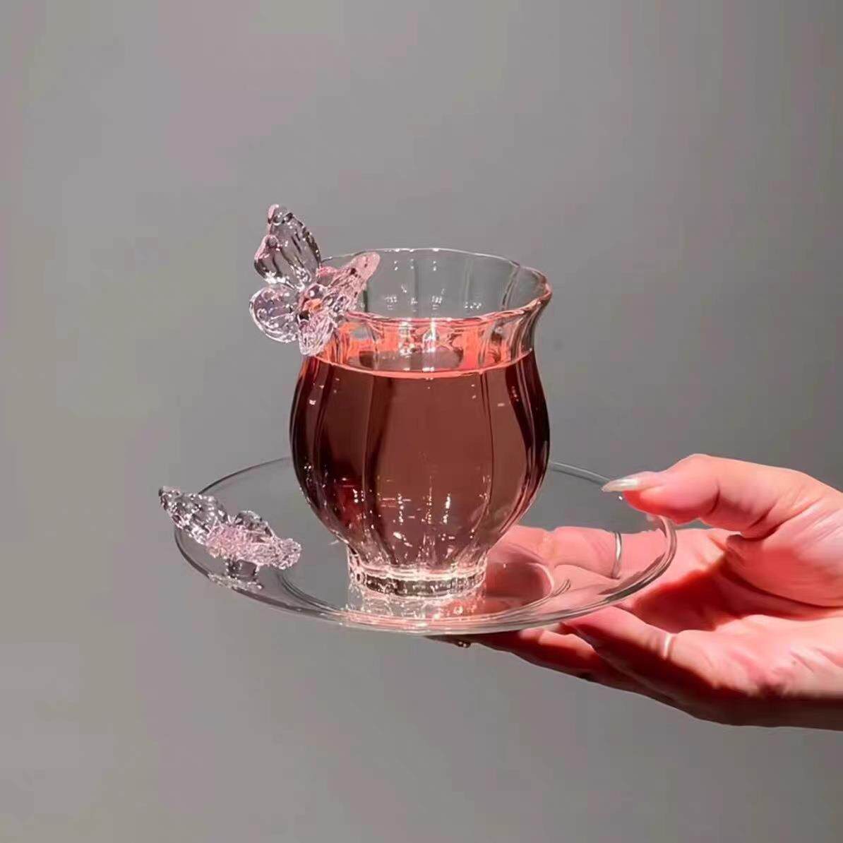 高颜值粉色蝴蝶杯咖啡牛奶花茶杯盖碗水仙莲花品茗高硼硅耐热玻璃