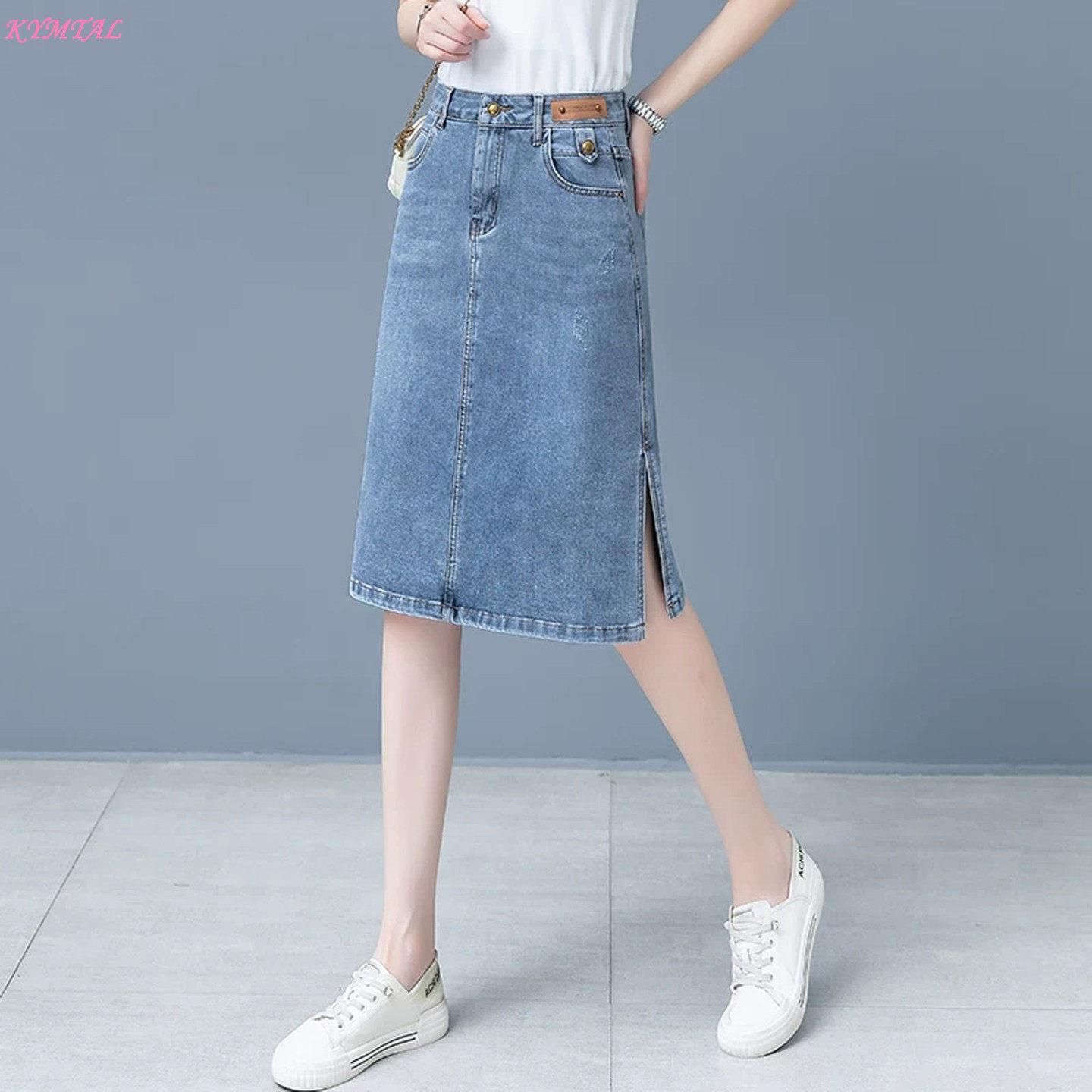 KYMTAL韩版高腰蓝色牛仔半身裙女2026夏季新款小个子开叉显瘦裙子