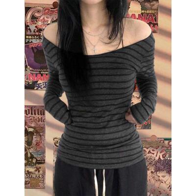 N 89858 Striped Long Sleeve T-shirt 条纹长袖 T 恤跨境速