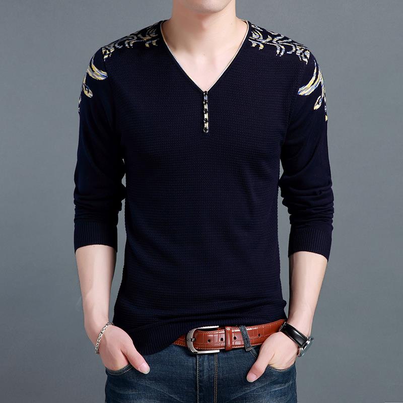 中年秋冬针织衫长袖T恤男V领时尚潮流纯色鸡心领衫打底小衫0921e