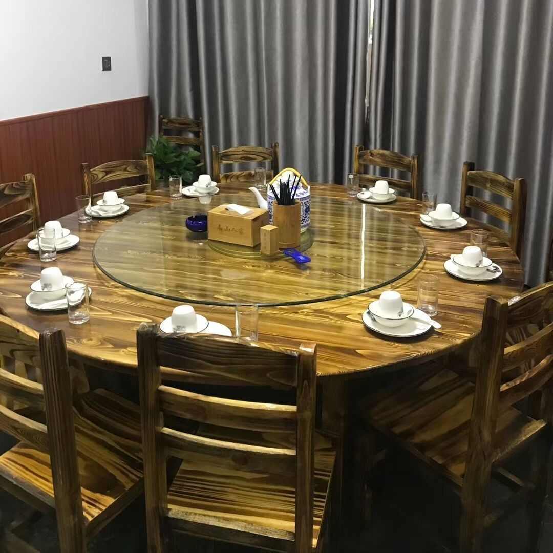 碳化实木复古农庄烤鱼面馆饭店排档餐厅农家乐大小圆桌椅转盘组合