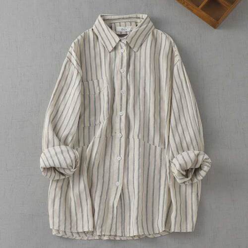Linen slimming striped linen shirt for women
