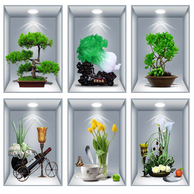 3d立体盆栽贴画 画植物花卉三联画 画宾馆过道楼梯饭厅自粘墙贴装