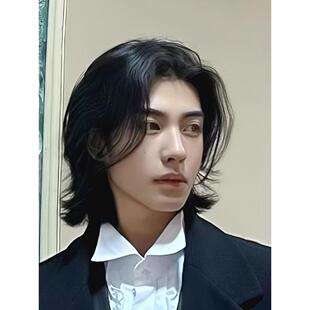 狼尾假发男生全头套式男士鲻鱼头男式真发日系帅气长发覆古文艺