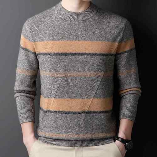 秋羊冬季暖羊士毛衫圆领条纹8833-T保中年男针织毛衣宽松休闲打底