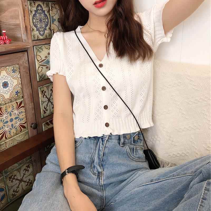短袖T恤女夏季新款覆古V领薄款冰丝针织衫简约修身显瘦开衫上衣潮