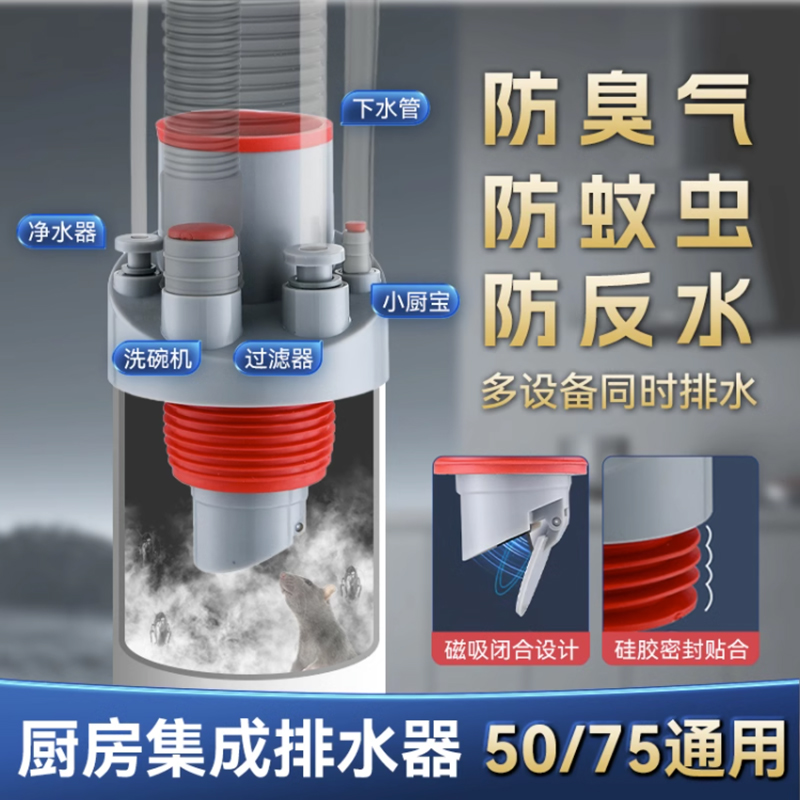 厨房水槽净水器洗碗机小厨宝下水管排水管五合一接头三通